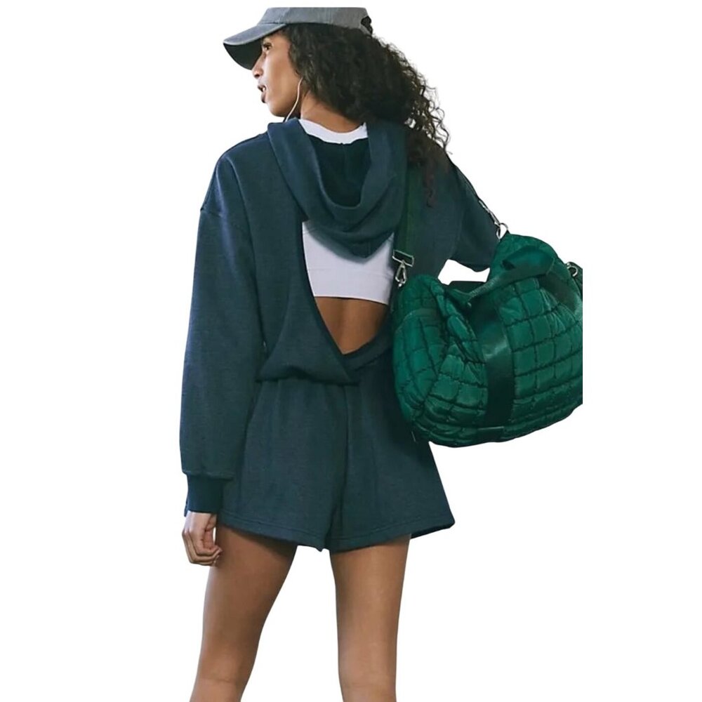 Free People Such a Flirt Romper Navy Blue Hooded Open Back Long Sleeve XS & S NE - Picture 4 of 16